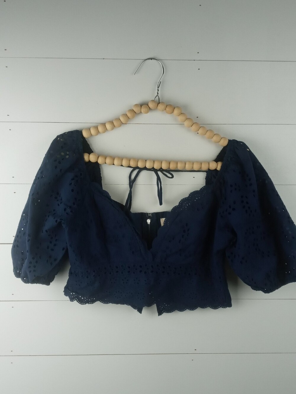 Altar'd State Women's size L navy blue eyelet lace corset puff sleeve top